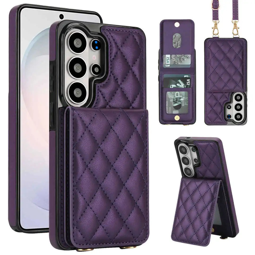 Purple quilted phone case with multiple views on a white background