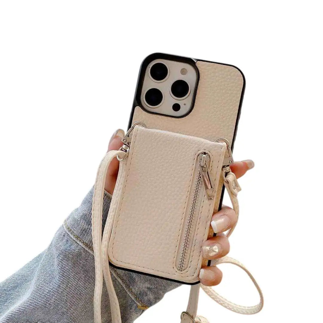 Beige wallet Phone case with a detachable strap held by a hand on a white background