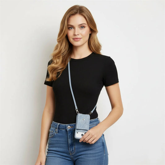 A female model is wearing denim crossbody wallet case