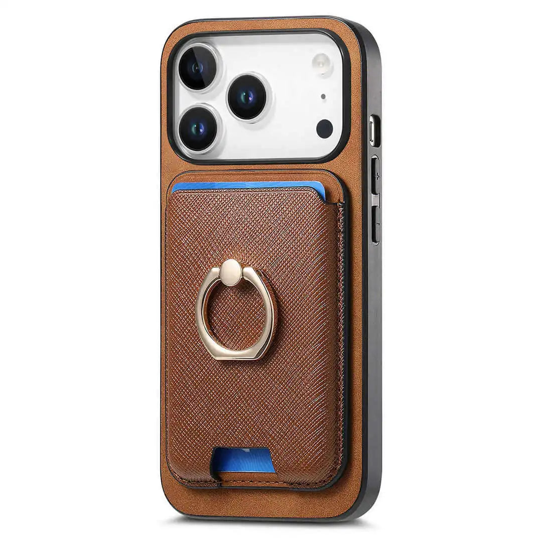 Brown phone case with card holder and ring stand on a white background