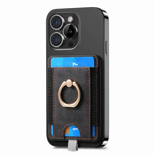Smartphone with card holder and ring stand on a white background