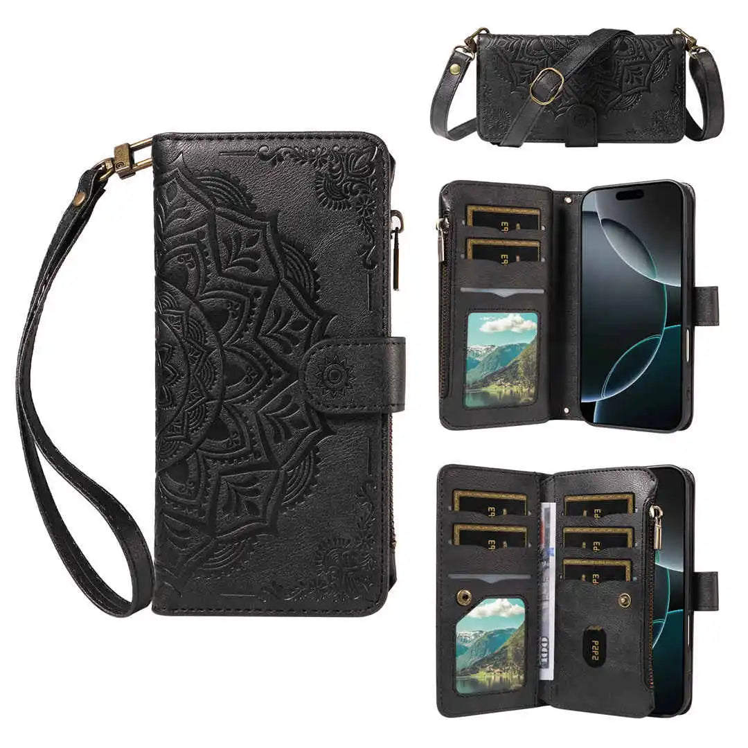 Black phone wallet case with embossed design, strap, and card slots on a white background
