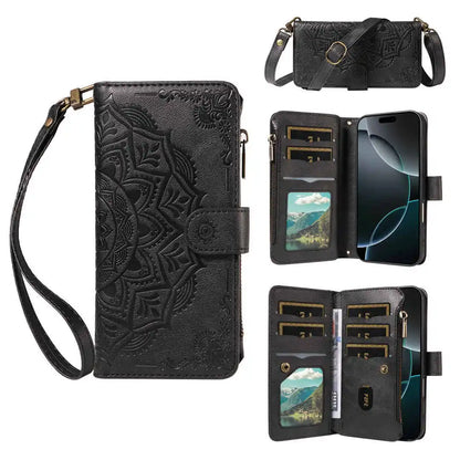 Black phone wallet case with embossed design, strap, and card slots on a white background