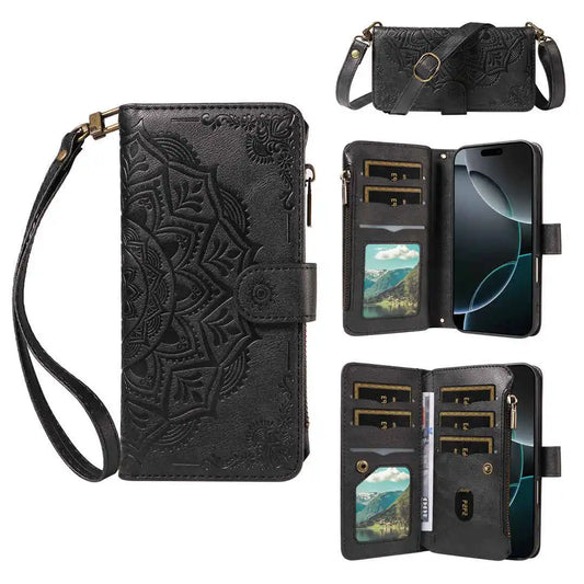 Black phone wallet case with embossed design, strap, and card slots on a white background