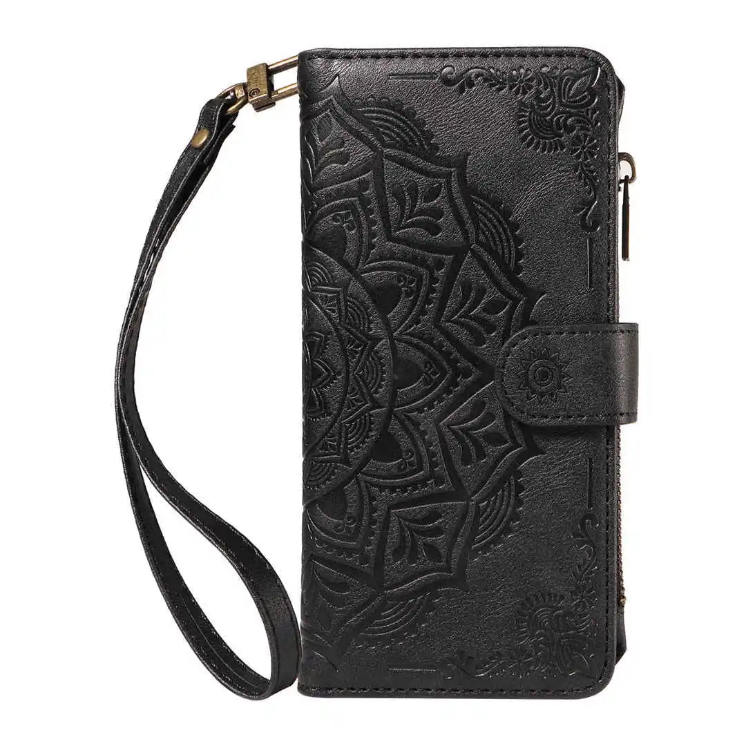 Black embossed folio wallet phone case with a strap on a white background