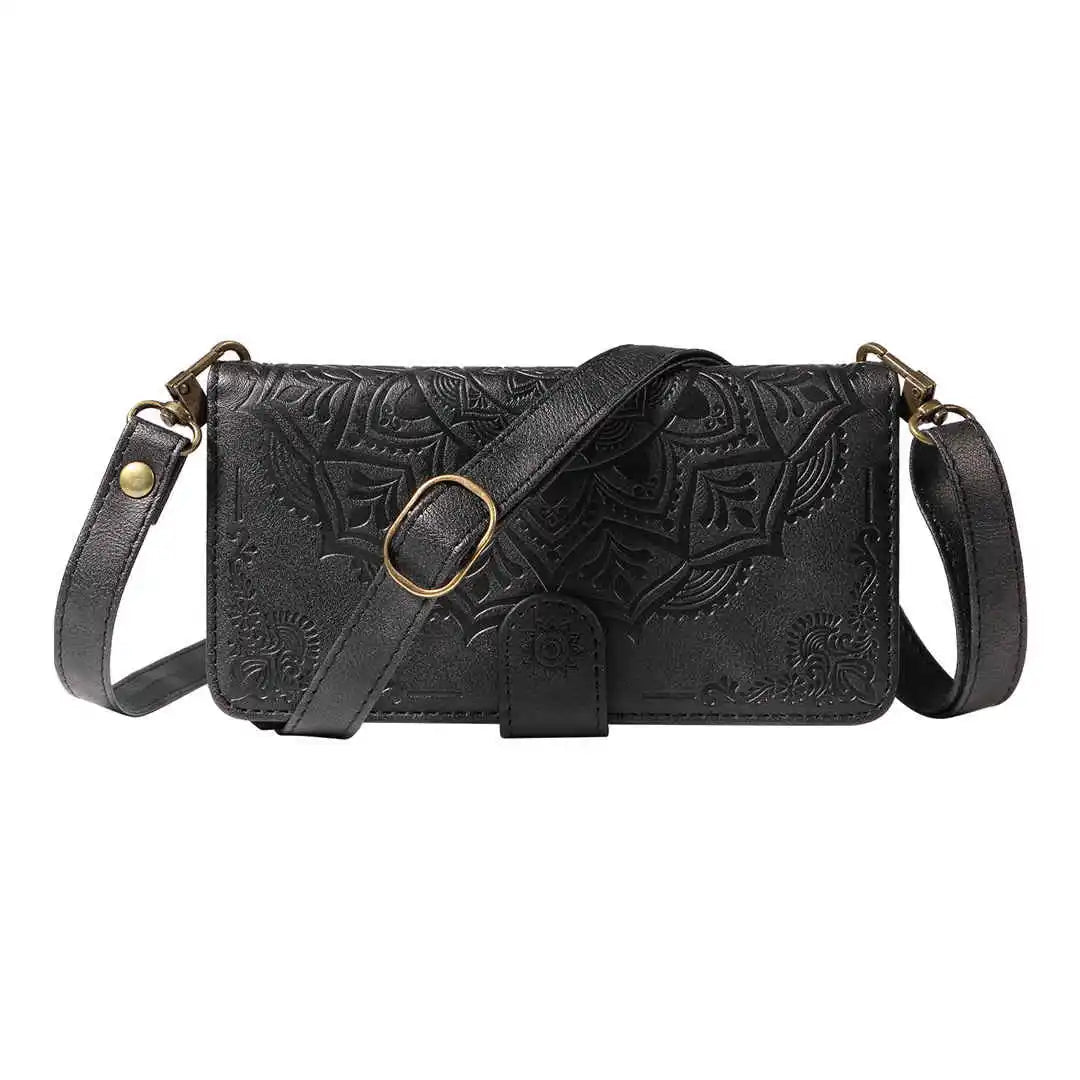 Black leather crossbody wallet phone case with intricate designs on a white background