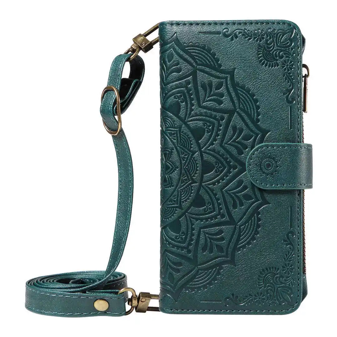 Green wallet phone case with mandala design and crossbody strap on a white background