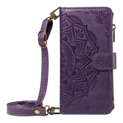 Purple wallet phone case with mandala design and crossbody strap on a white background