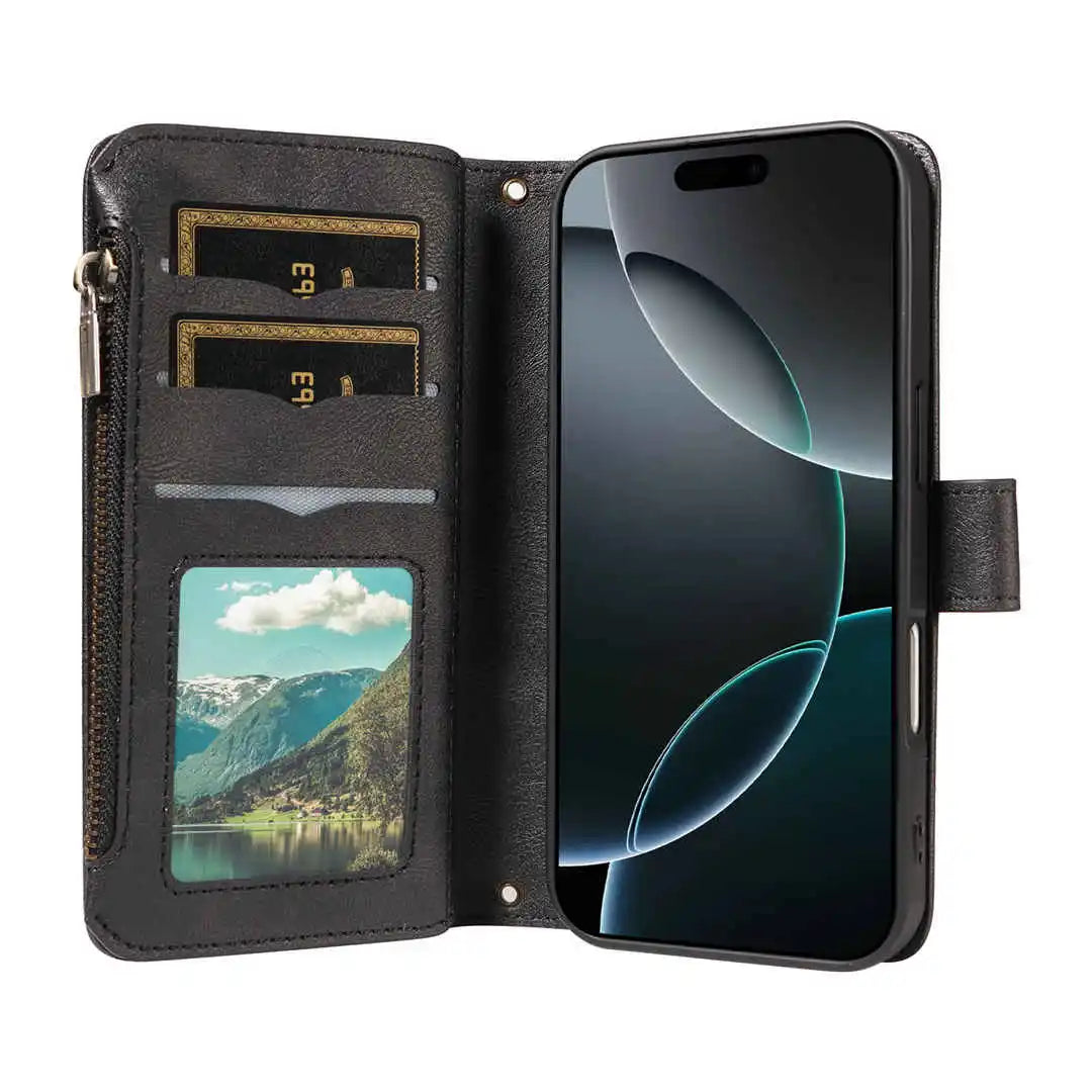 Black phone wallet case with card slots and phone pocket on a white background