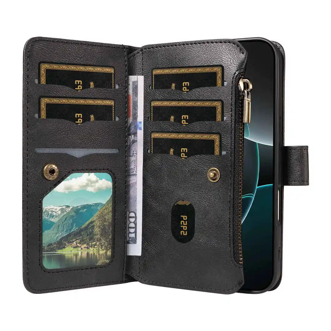 Black phone wallet case with card slots and a window view of a scenic landscape.