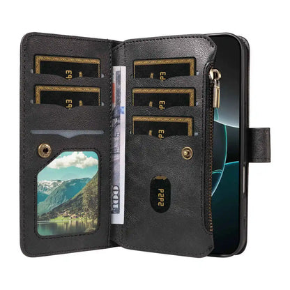 Black phone wallet case with card slots and a window view of a scenic landscape.