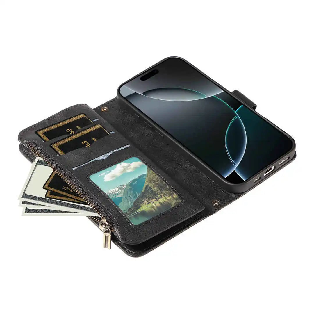 Black phone case with card slots and phone pocket on a white background