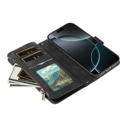 Black phone case with card slots and phone pocket on a white background