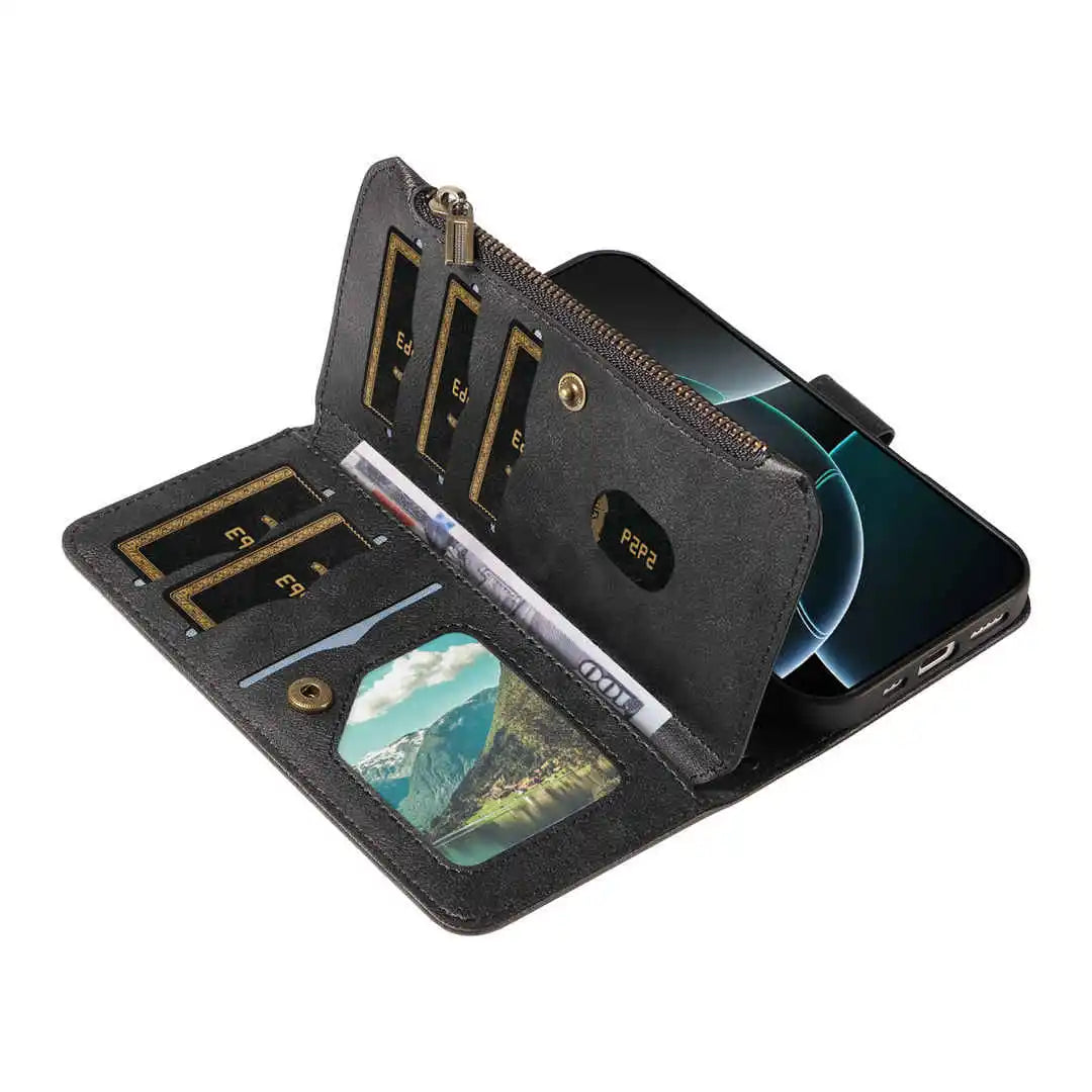 Black phone case with multiple compartments on a white background