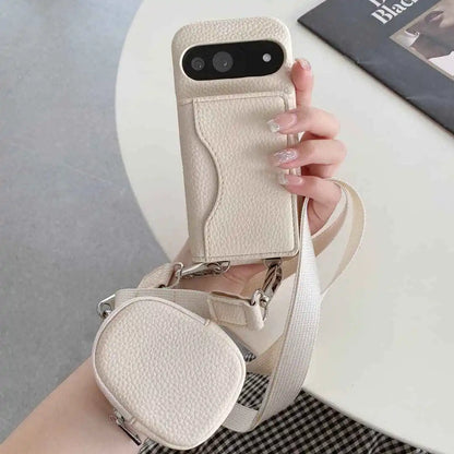 beige Hands-free Google Pixel wallet case with adjustable crossbody strap