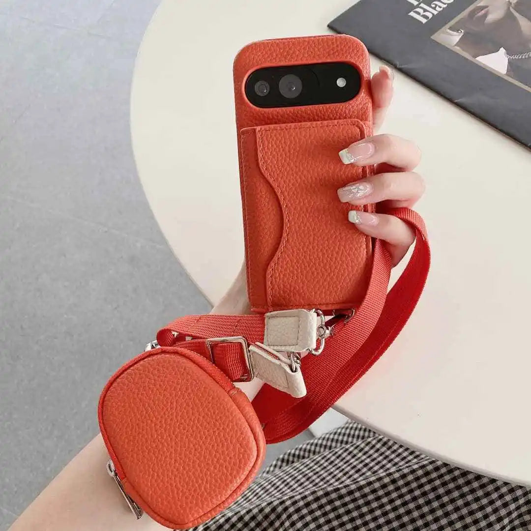 orange Detachable pouch attached to Google Pixel crossbody wallet case strap