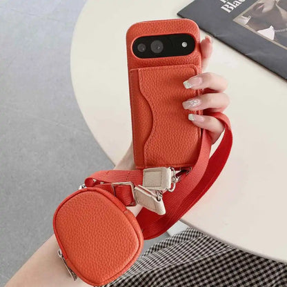 orange Detachable pouch attached to Google Pixel crossbody wallet case strap