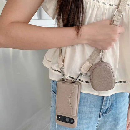 Google Pixel crossbody case with trifold card holder, detachable pouch, and strap