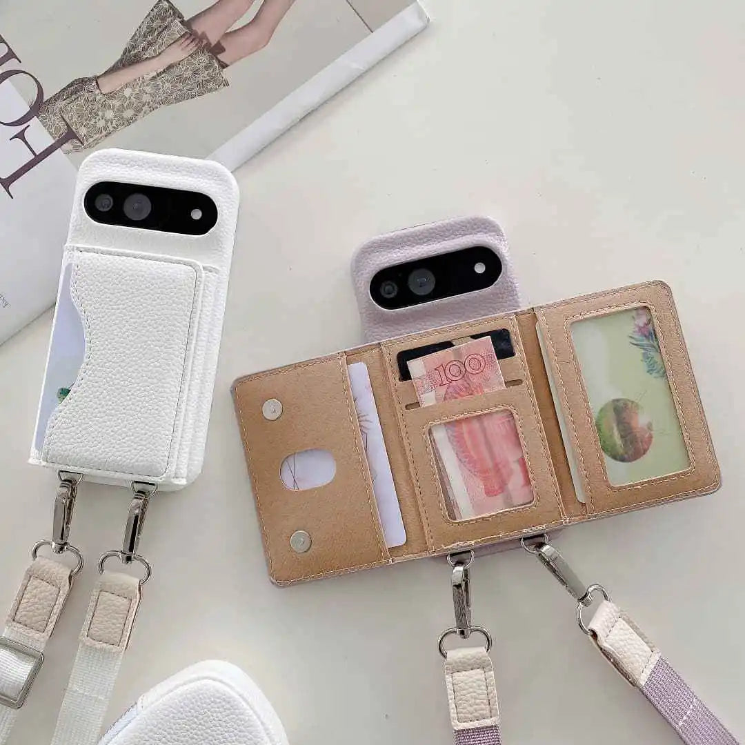 Google Pixel crossbody wallet case bundle shown with phone and matching accessories