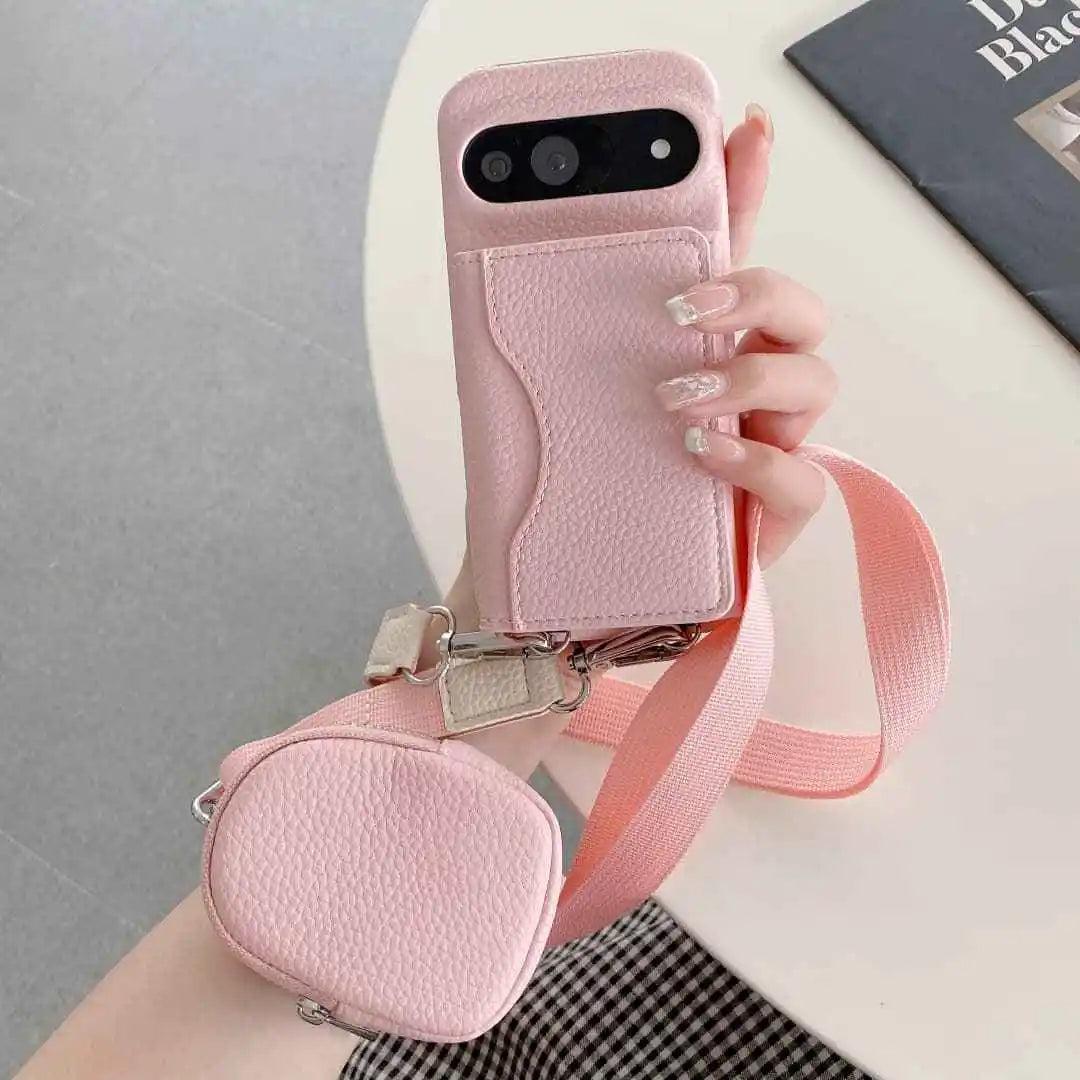 Pink Google Pixel crossbody wallet case bundle in coordinated color