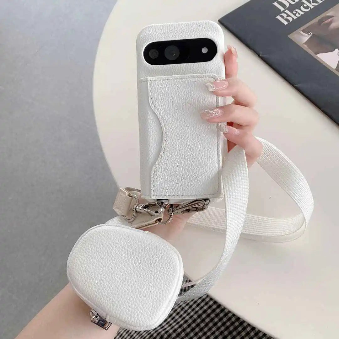 White Trifold card holder detail for Google Pixel crossbody wallet case bundle