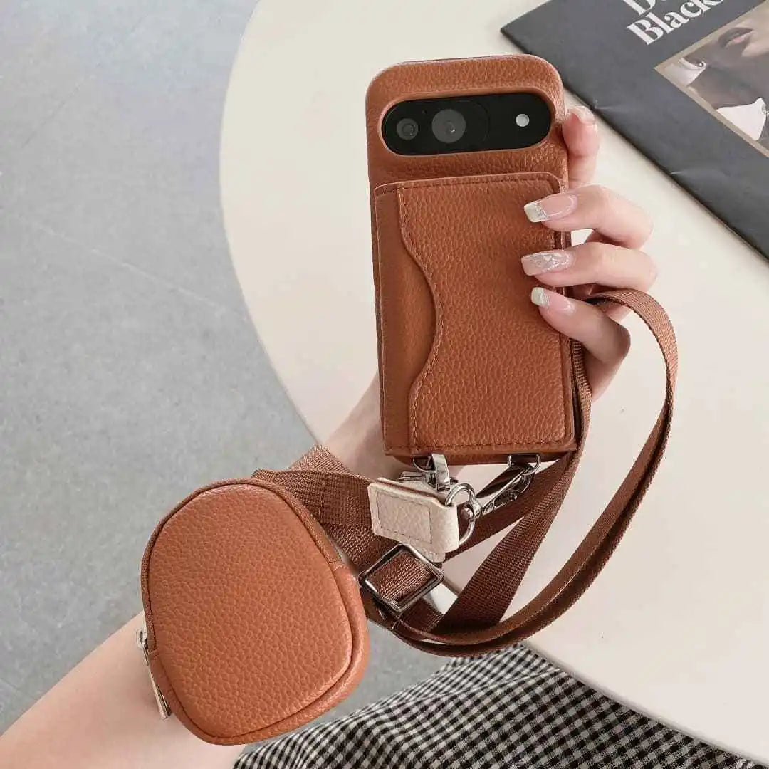 Brown Google Pixel phone case and trifold wallet accessories shown together