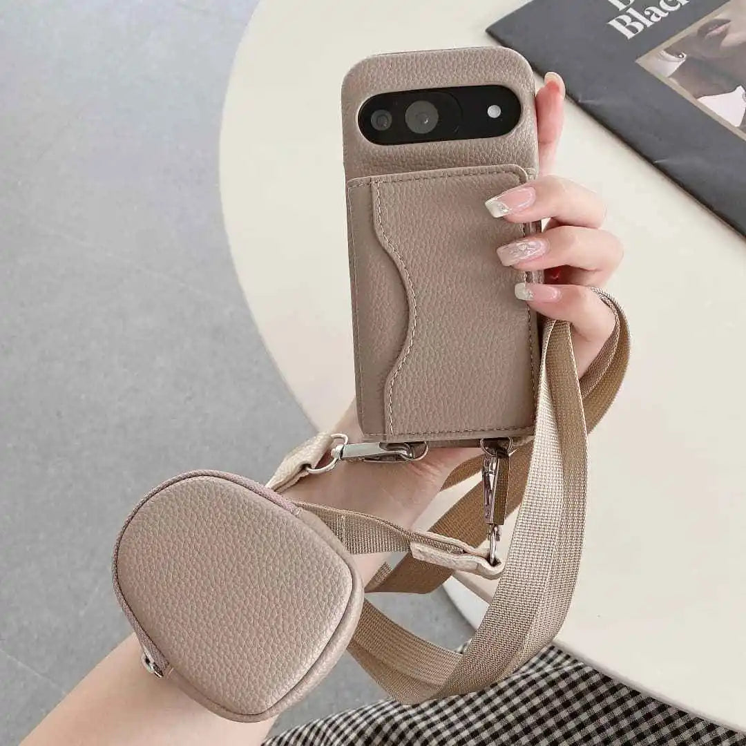 Taupe Google Pixel crossbody case worn with trifold card holder and detachable pouch