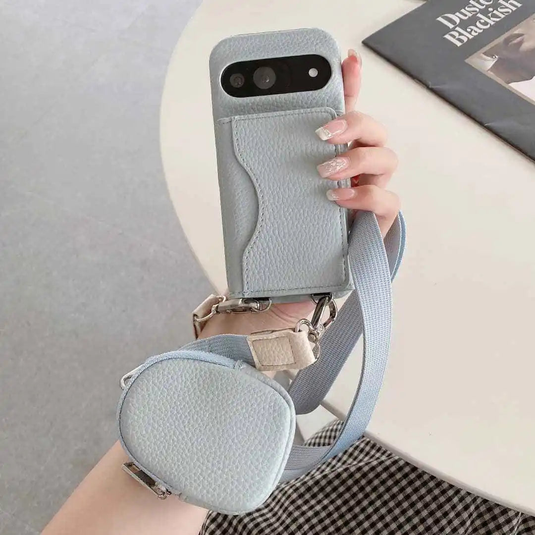 Dusty blue Google Pixel crossbody wallet case with strap and removable wallet accessories