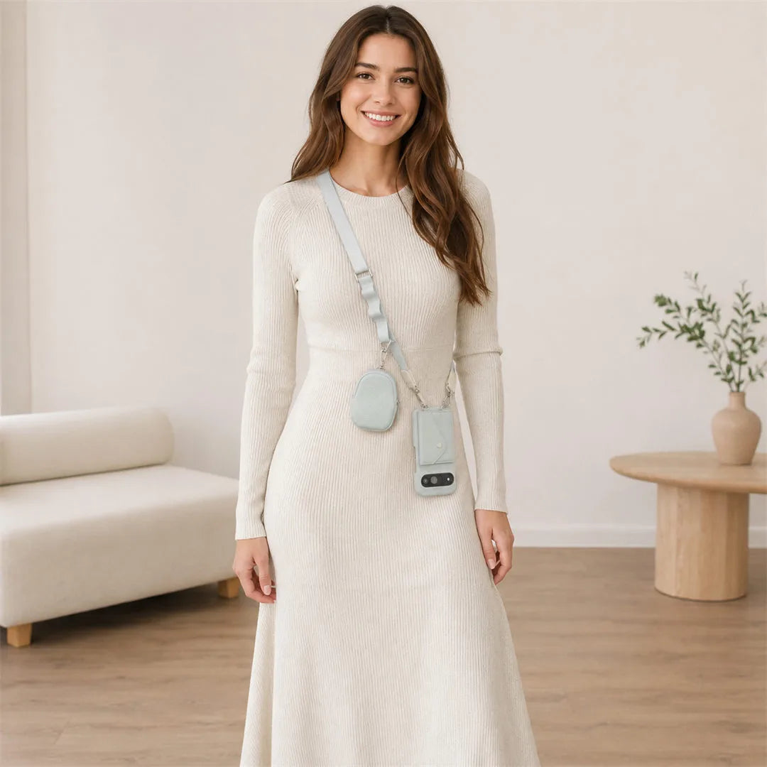 Model wearing Google Pixel crossbody wallet case with strap and mini pouch