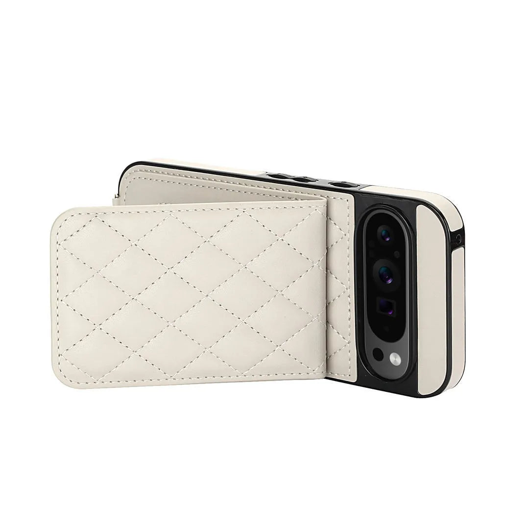 White quilted Pixel wallet phone case with black accents on a white background