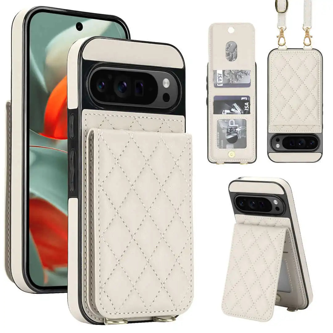 Quilted phone case with card holder and lanyard attachment on a white background