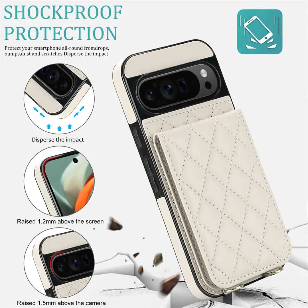 Pixel wallet Phone case with shockproof protection features on a white background