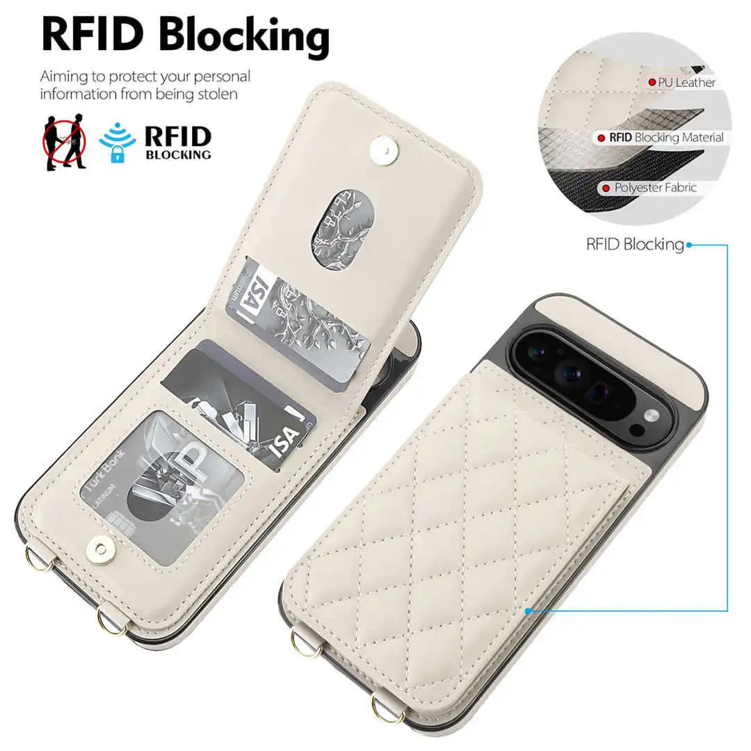 RFID blocking Pixel phone case with card slots and quilted design on a white background
