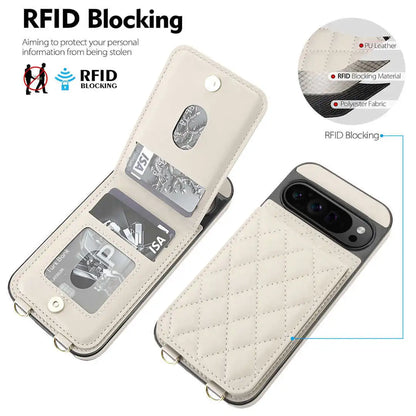 RFID blocking Pixel phone case with card slots and quilted design on a white background