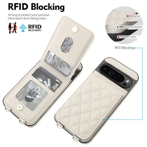 RFID blocking Pixel phone case with card slots and quilted design on a white background