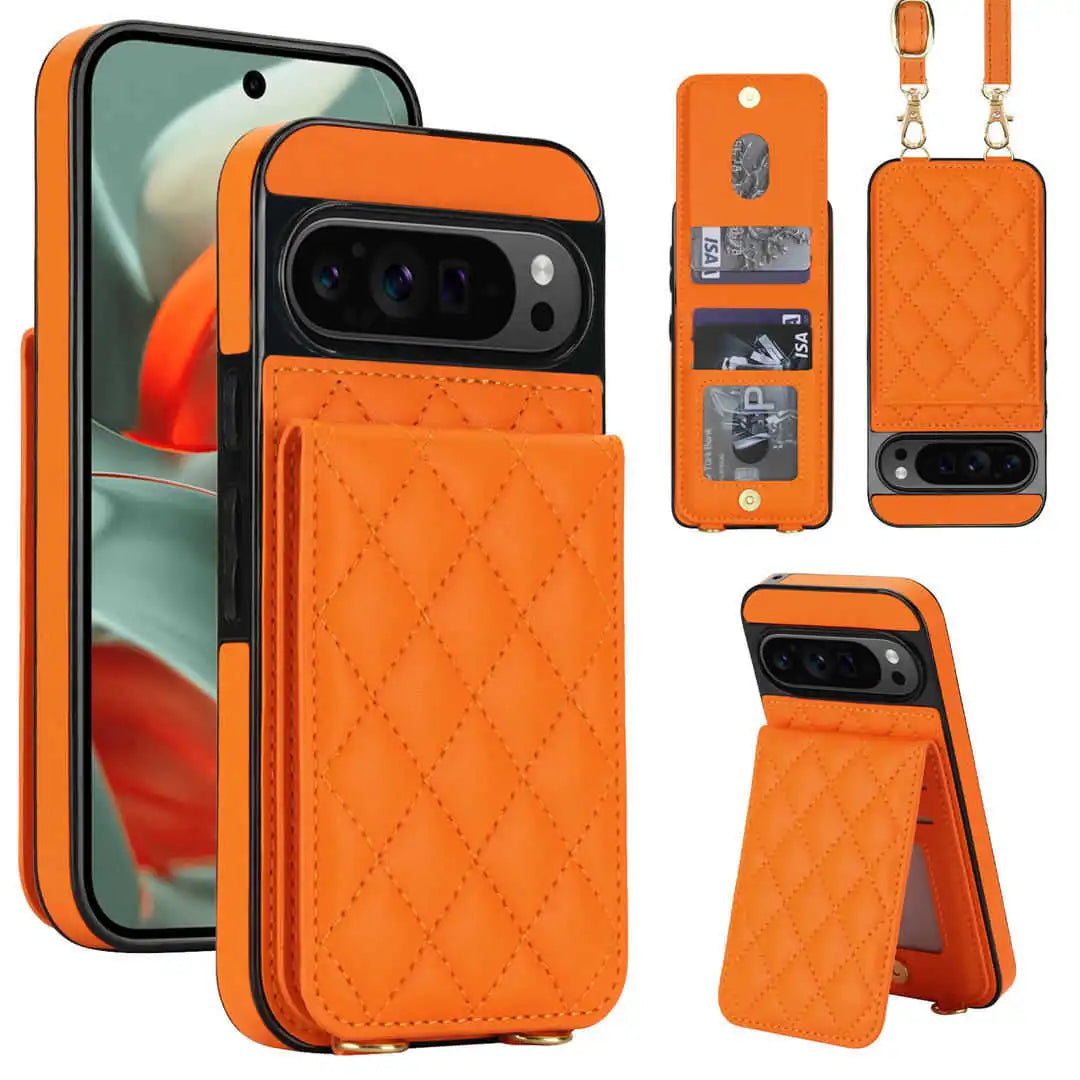 Orange Pixel phone case with card holder and stand feature on a white background