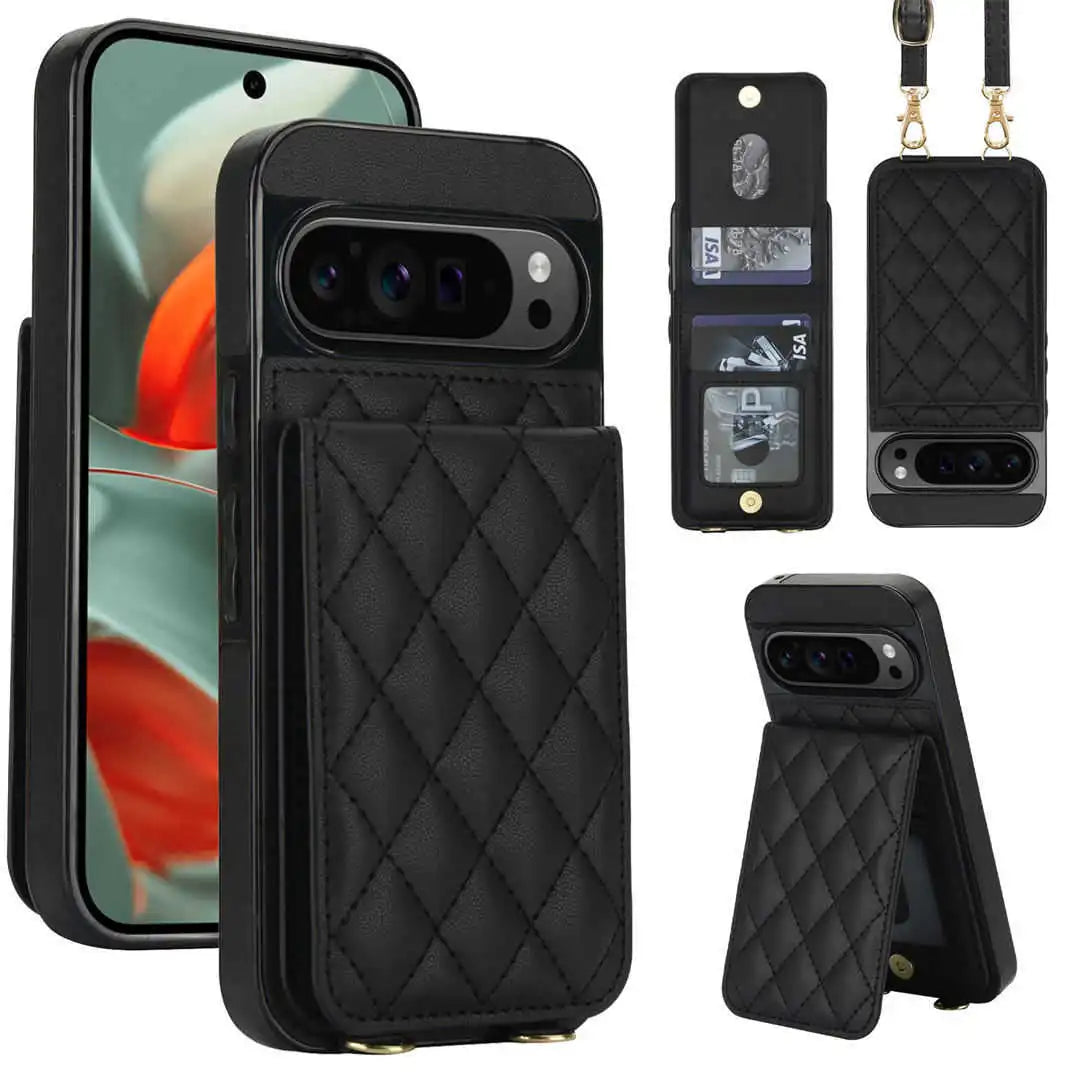 Black quilted phone case with multiple views and features on a white background