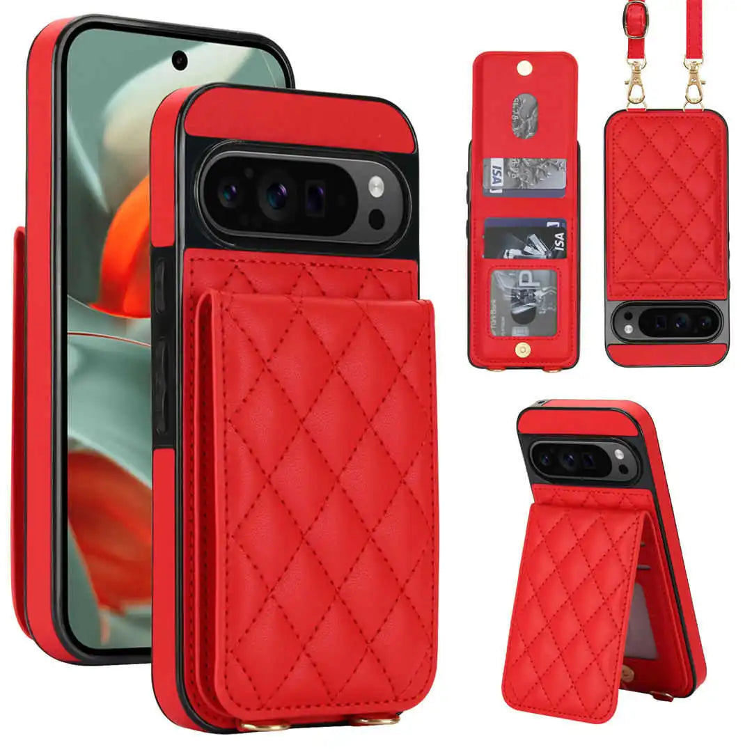 Red quilted Pixel wallet phone case with multiple views on a white background
