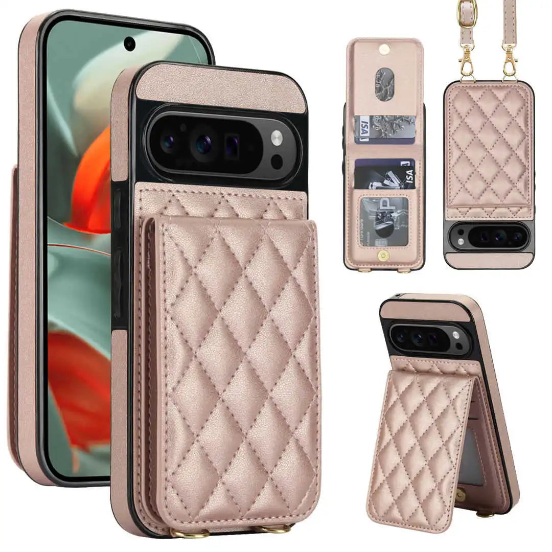 Rose gold Pixel Quilted phone case with card holder and strap on a white background