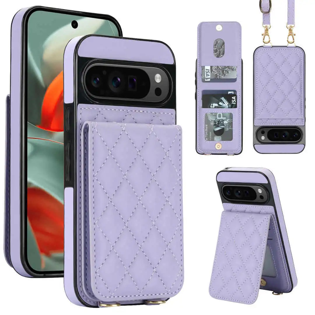 Lavender Pixel phone case with card holder and stand feature on a white background