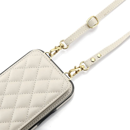 Quilted phone case with a strap on a white background
