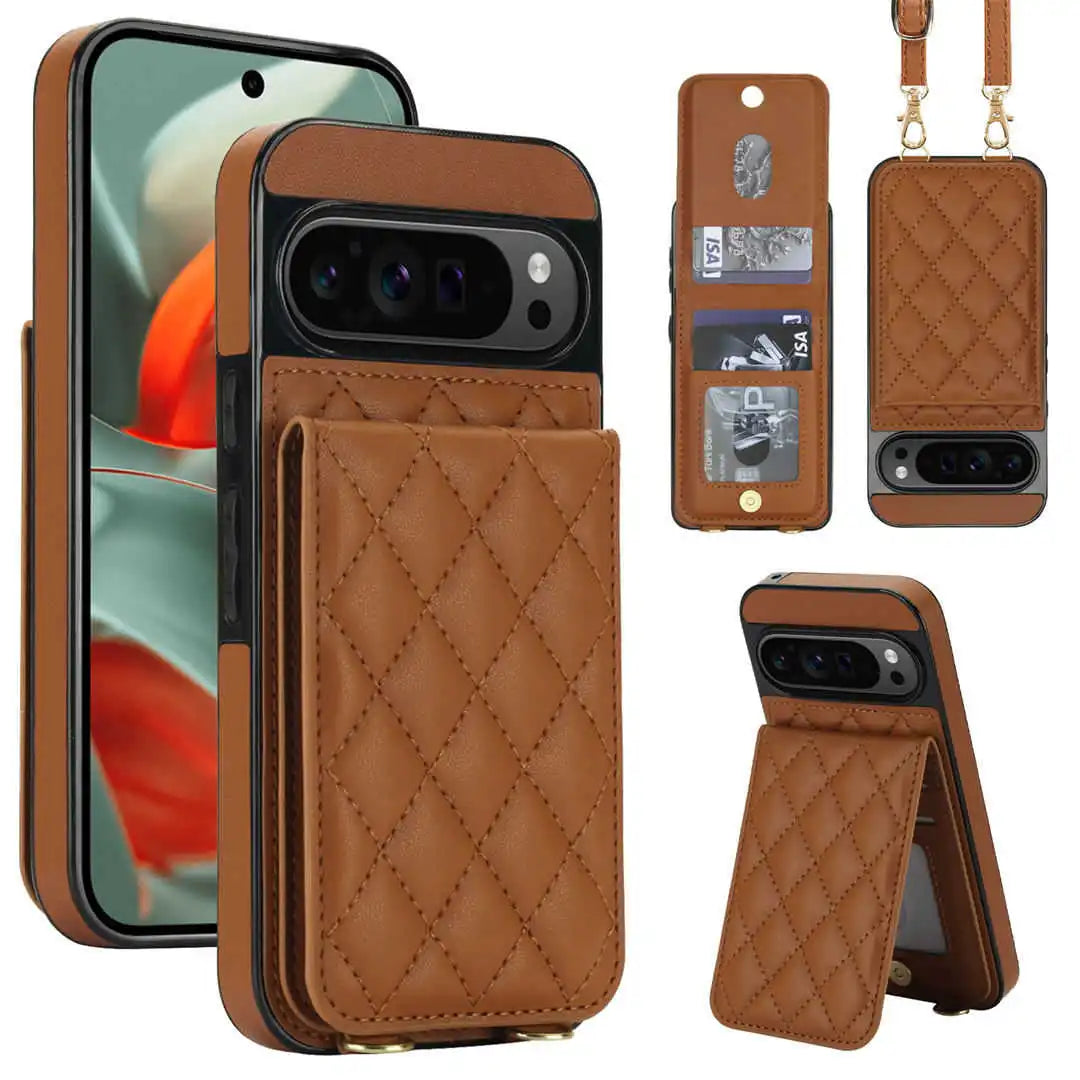 Brown quilted Pixel phone case with card holder and stand feature on a white background