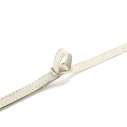 White leather phone strap with a gold buckle on a white background