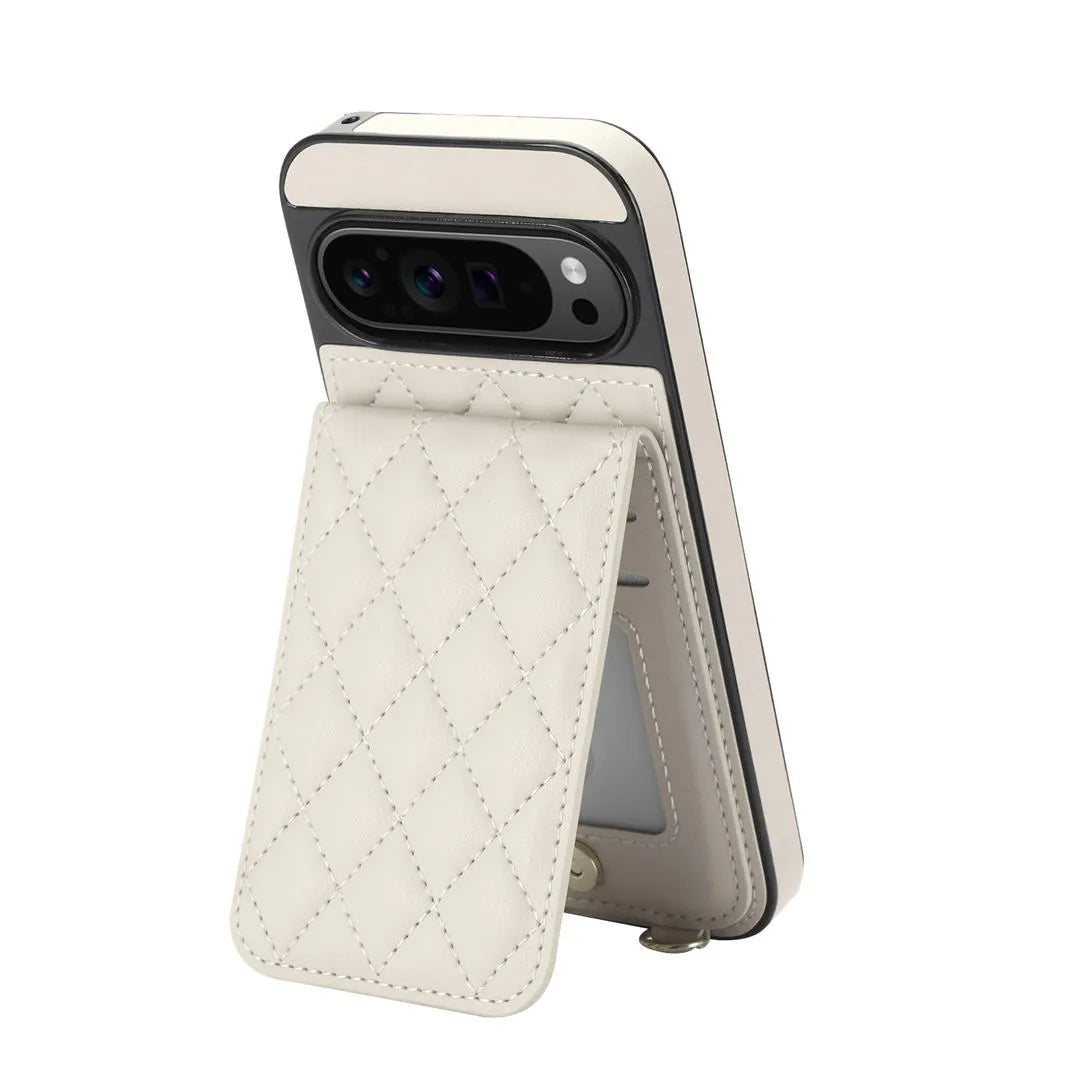 White quilted wallet phone case with stand feature on a white background