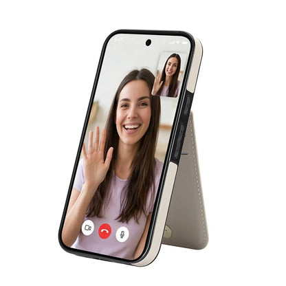 Smartphone with a video call interface showing a woman waving, on a white background.