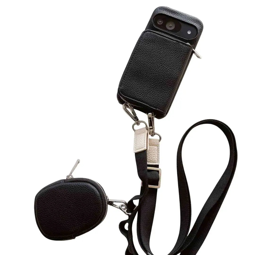 Black Pixel wallet phone case with attached lanyard on a white background