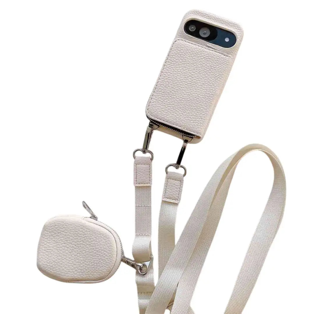 White Pixel Wallet phone case with attached strap and small pouch on a white background