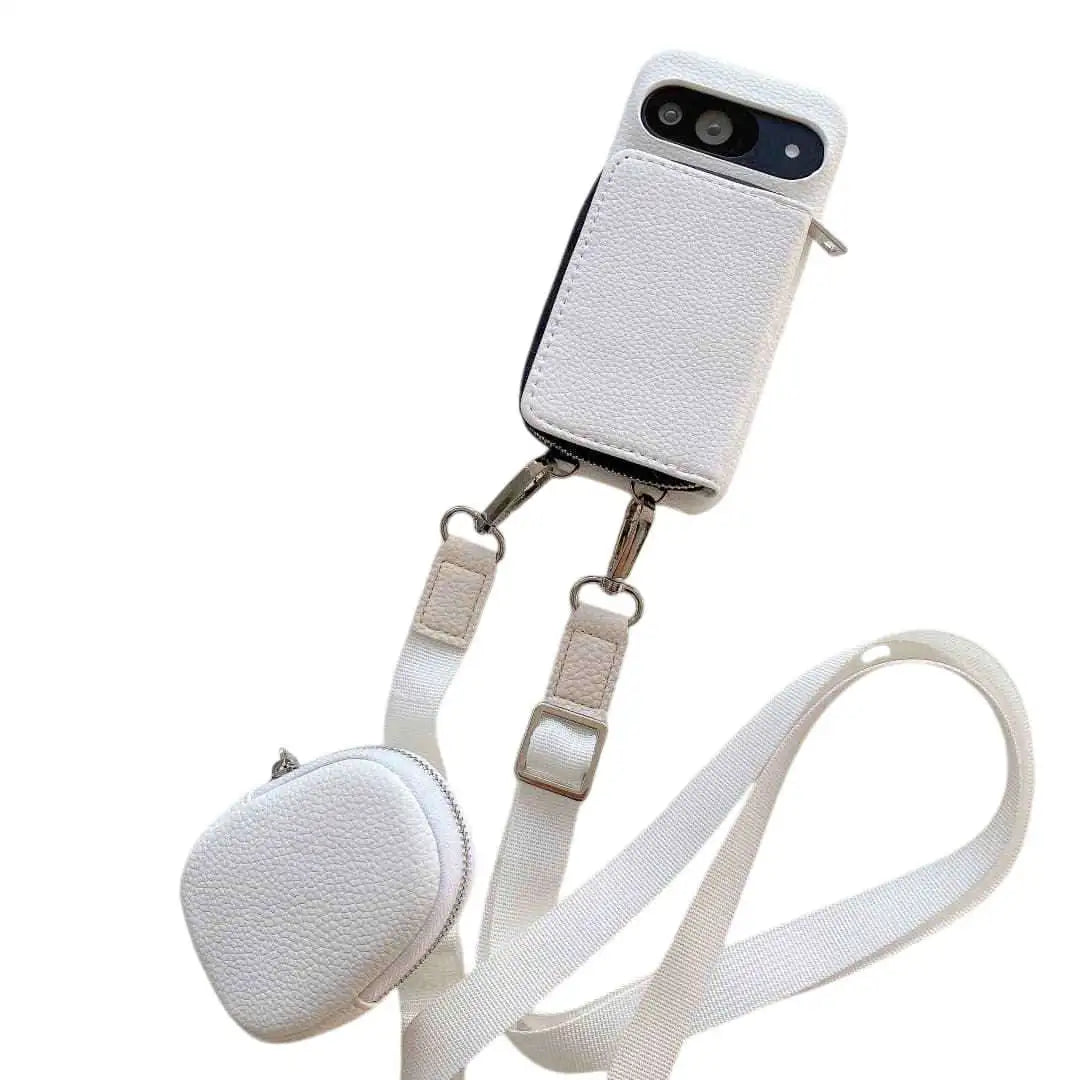 White Pixel wallet phone case with attached strap on a white background