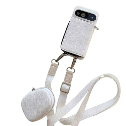 White Pixel wallet phone case with attached strap on a white background