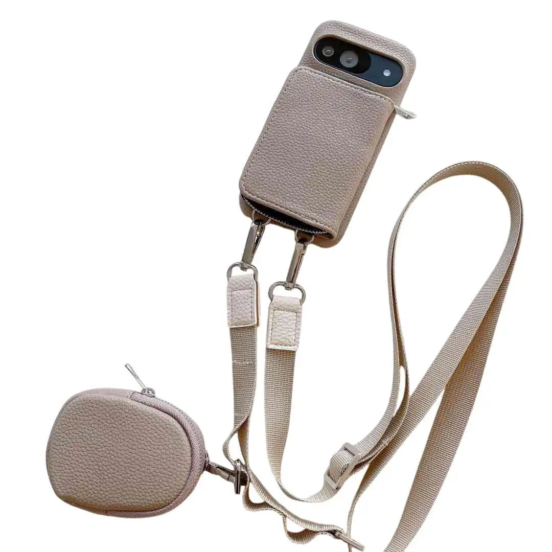 Taupe Pixel wallet phone case with attached strap and small pouch on a white background